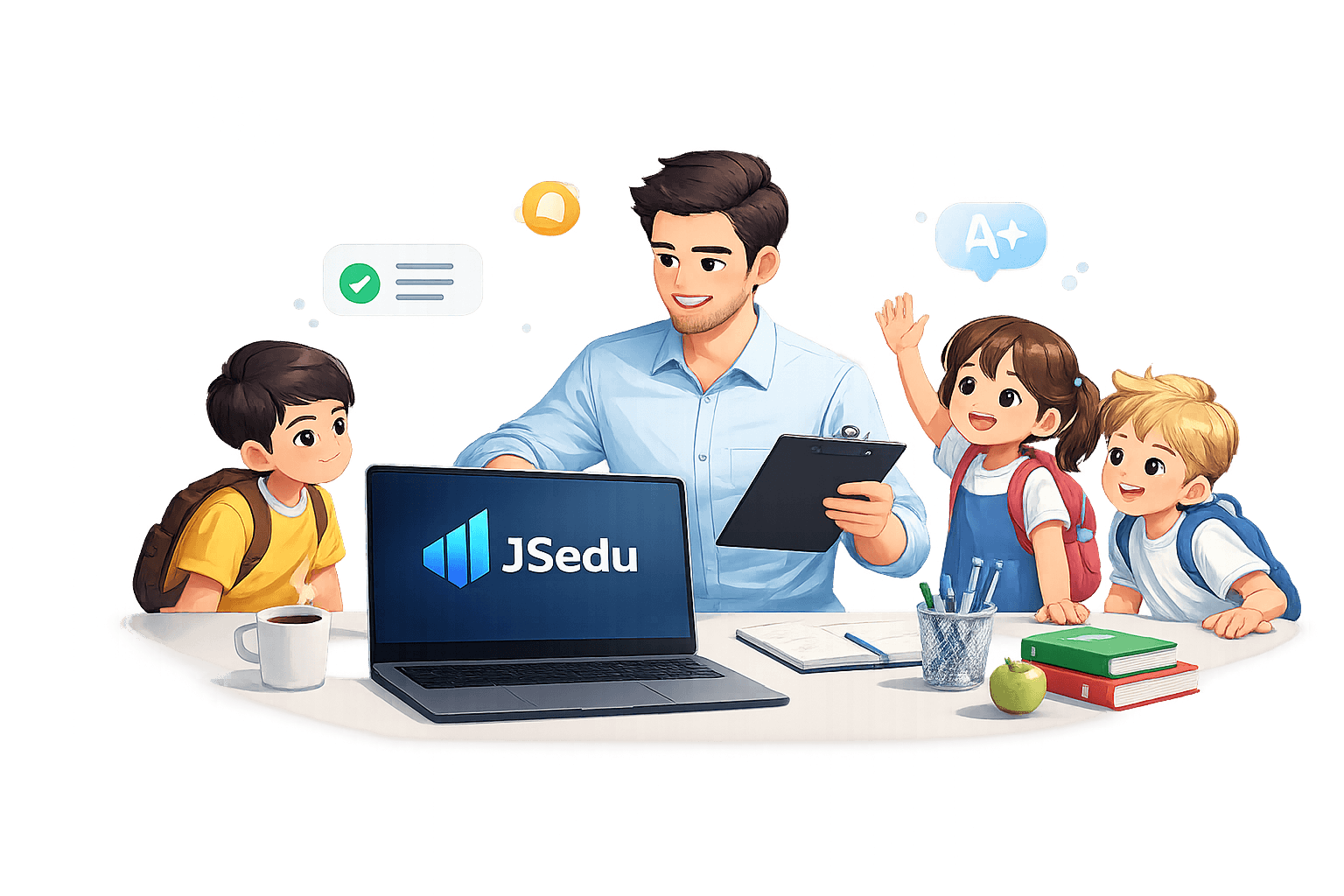 Docente y estudiantes usando JSedu en el aula